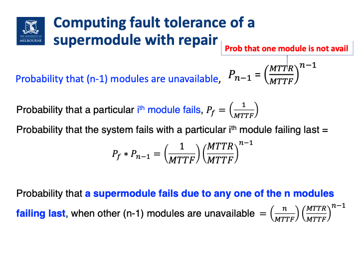 Computing fault tolerance of a supermodule with repair